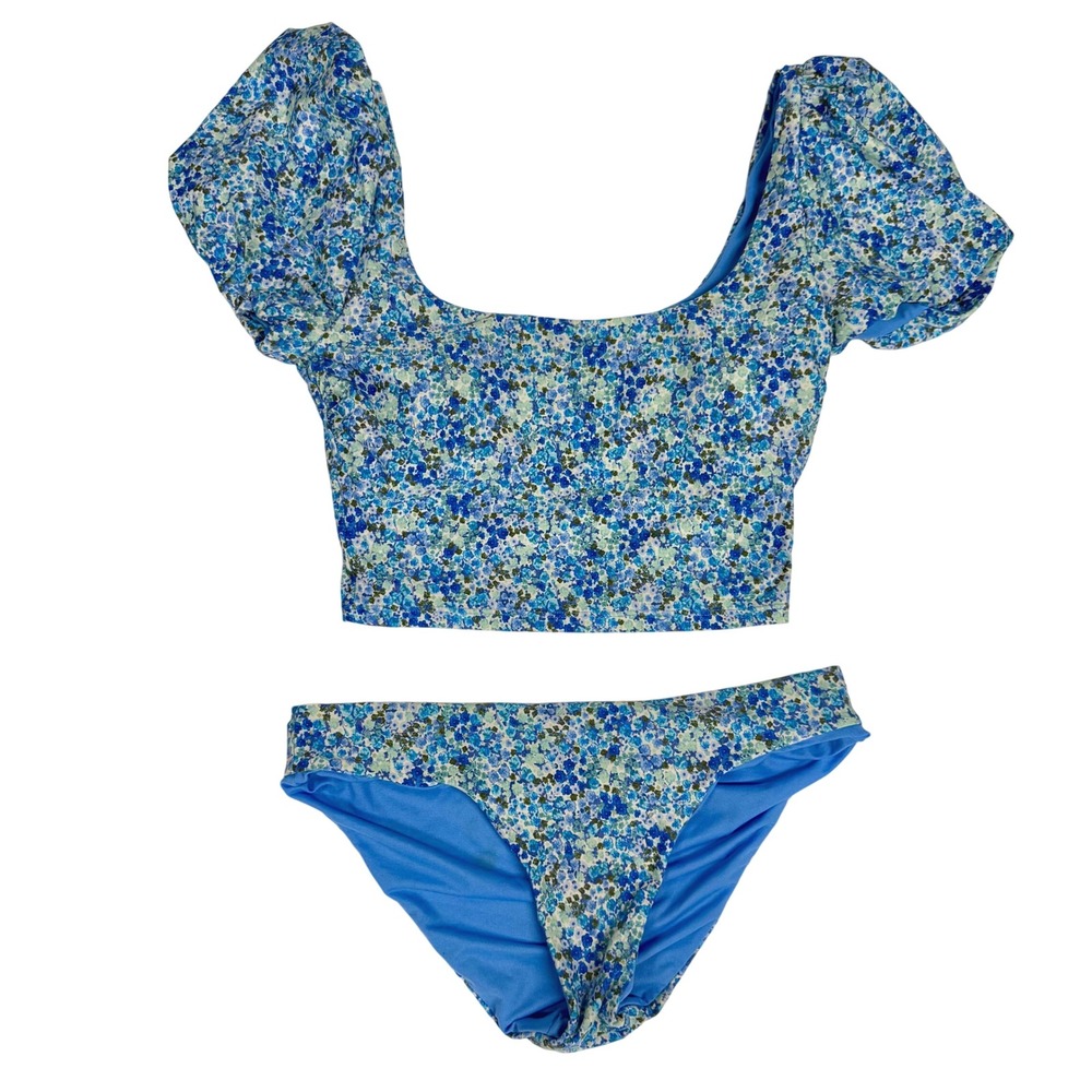 Splendid Blue Floral Puff Sleeve Crop‎ Top Bikini Swimsuit Set Size M